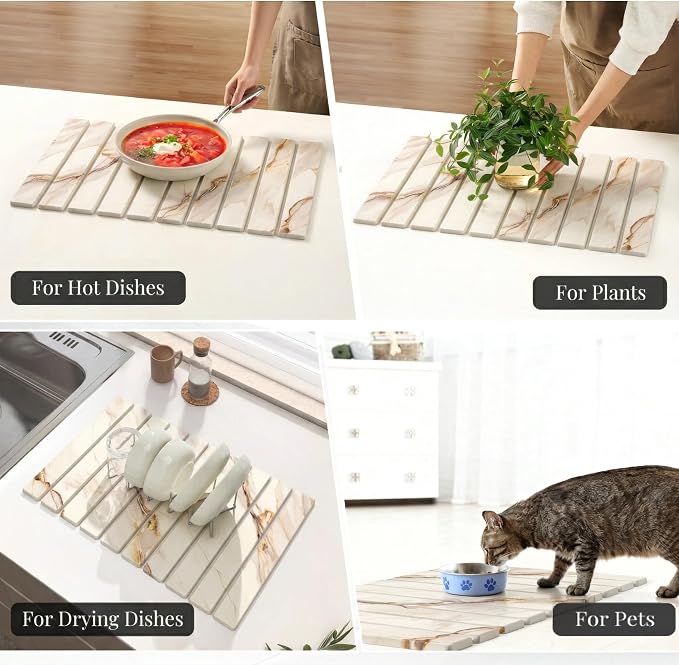 Diatomaceous Stone Dish Drying Mat with Collapsible Steel Rack - Quick Dry Kitchen Counter Set, Space Saving Foldable Dryer (White Marble, 23.6" x 15.3")