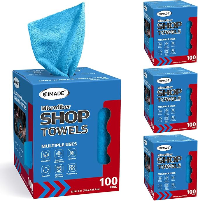 UNIMADE Shop Rags, 4 Boxes - 400 Sheets Microfiber Cleaning Cloth | Commercial Grade Washcloths Lint-Free Bulk Shops Towels for Cars Mechanic Restaurant Garage Housekeeping, 11"x 9", Blue