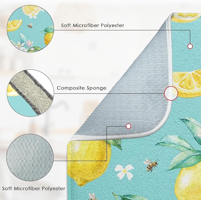 Sanwarm Absorbent Dish Drying Mat, Watercolor Lemons Yellow Fruit Lime Microfiber Pad for Kitchen Counter, Coffee Bar Decor, Heat Resistant and Reversible, 16" x 18"