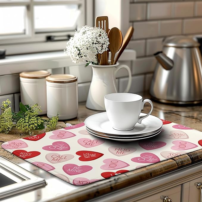 Valentine Love Heart Dish Drying Mat for Kitchen Counter 18x24 Inch Valentines Day Dish Mats Absorbent Microfiber Dish Draining Mat Reversible Dish Drying Rack Mat with Hanging Loop