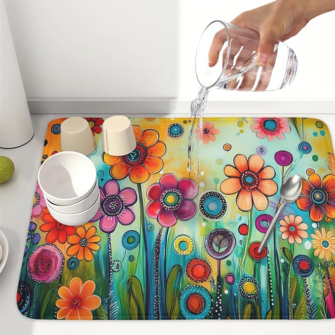 Abstract Colorful Floral Dish Drying Mat for Kitchen Counter Spring Summer Flower Microfiber Dish Drainer Mat Rustic Absorbent Washable Drying Pad Extra Large 18"x24"