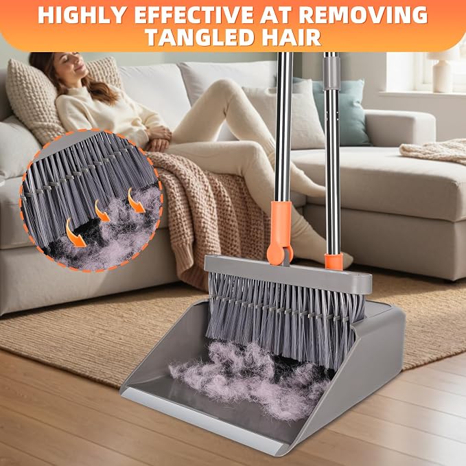 Broom and Dustpan Set, 51 inch Long Adjustable Handle Angle Broom and Dustpan Combo Set with Double Dustpan Teeth to Clean Hair for Home Kitchen Office Lobby, Orange&Grey