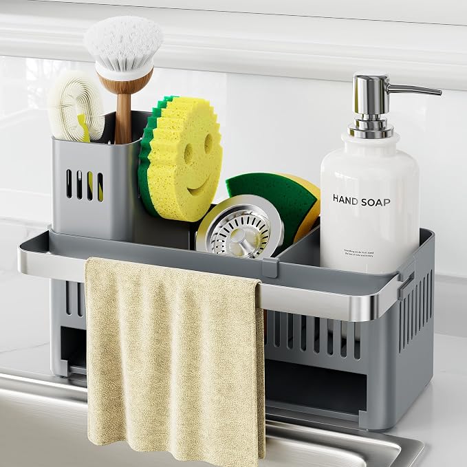 Nieifi Sponge Holder – Grey ABS Rust Sink Caddy with Towel Rack, 10.12" | Smiley sponge & brush holders with drainage to keep items dry. 4.5-inch depth. Kitchen counter organizer & essential storage.