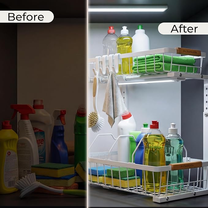 Under Sink Organizer with Motion-Activated LED Lights, 2 Pack, 2 Tier Sliding L-Shaped Carbon Steel Rack with Adjustable Height, Dividers & Hooks (White)