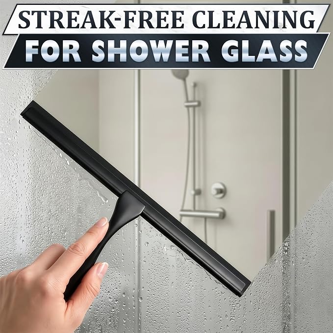 Black Squeegee for Shower Glass, 12" Silicone Blade, Stainless Steel | Shower Door Squeegee with Hook, Adhesive Mount; All-Purpose Bathroom Tile, Mirror, & Window Wiper for Streak-Free Cleaning