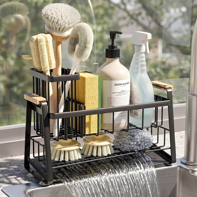 Housolution Sink Caddy Organizer, 2-Tier Sponge Holder for Kitchen Sink with Flexible High Brush Holder, Kitchen Countertop Storage Accessories, Soap Dispenser Organizer, Rustproof