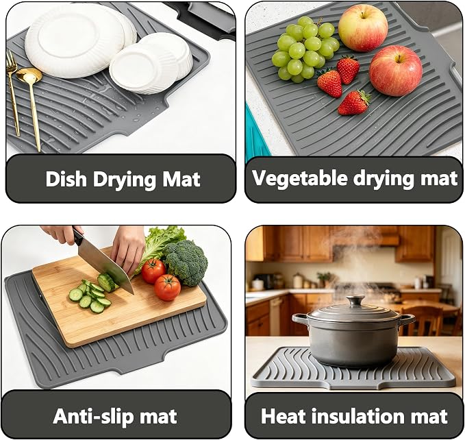 EBIGIC Silicone Dish Drying Mat,19.7"*17"Dish Drying Pad,Kitchen Accessories,with Built-In and Non-Slip Drain,Easy Clean, Fit for Kitchen, Bar, RV, Refrigerator and Drawer Liner, Grey