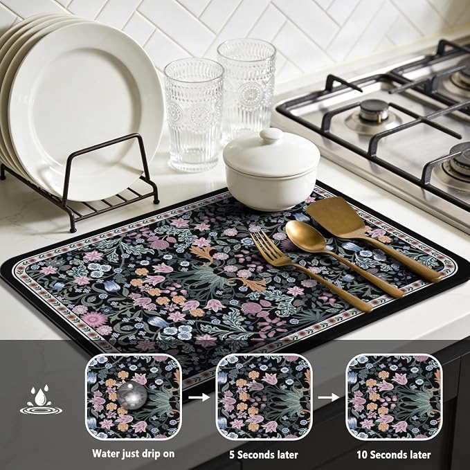 Vintage Floral Dish Drying Mat 18x24 Inch, Dish Mat Drying Kitchen Mats for Extra Large Absorbent Countertop, Aesthetic Boho Drying Matt Kitchen Counter Washable Heat Resistant Dish Drainer Rack Mat