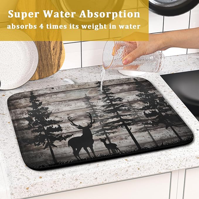 Forest Deer Dish Drying Mat Wildlife Animal Decorative Microfiber Dishes Pad 16x18 Inch Absorbent Reversible Kitchen Counter Drainer Mats
