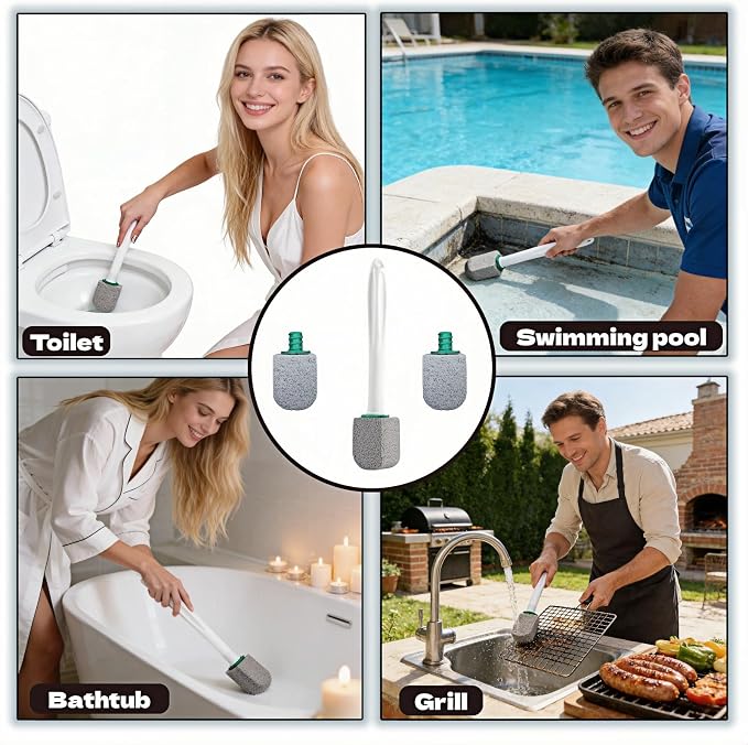 Pumice Stone Toilet Bowl Cleaner with Long Handle, 9.65 Inch, Includes 1 Handle and 3 Pumice Stones, Hard Water Stain Remover for Toilet, Bathtub, Tile, Grill
