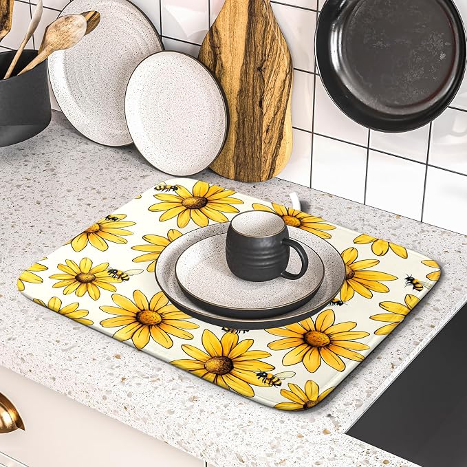 Spring Summer Sunflower Bee Dish Drying Mat 16×18 Inch | Polyester，Absorbent Microfiber，for Kitchen Coffee Dining Bar Decor