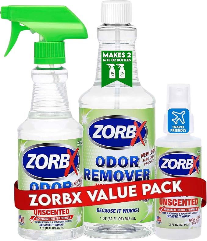 ZORBX Unscented Odor Eliminator Spray Set, 2+16+32 Oz, Hospital-Grade | Permanent Odor Remover for Pet & Human Urine, Smoke & Strong Odors, Carpet, Upholstery, Mattress, Bathroom, Basement & More