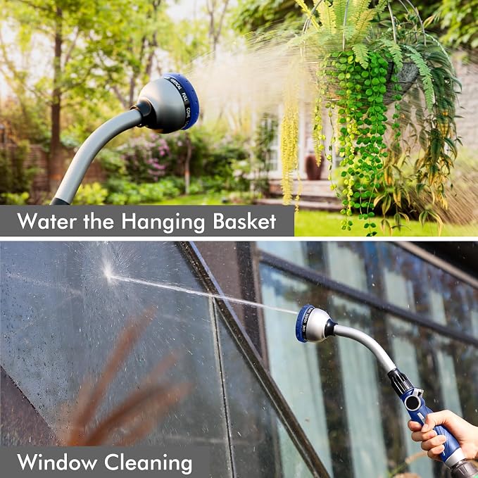 RESTMO Watering Wand Heavy Duty, 15-Inch Long Hose Nozzle Sprayer | 10 Spray Patterns & Thumb Flow Control, Metal Garden Hose Wand for Water Hanging Baskets and Shrubs, Blue