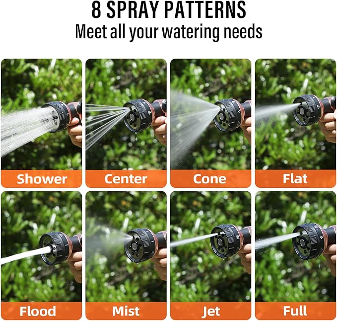 Heavy Duty Metal Garden Hose Sprayer with 8 Patterns &Thumb Control | Rust-proof metal,8 spray patterns,Thumb-control flow,On-off valve, Ergonomic grip for Lawns,Plants,Cars,Pets