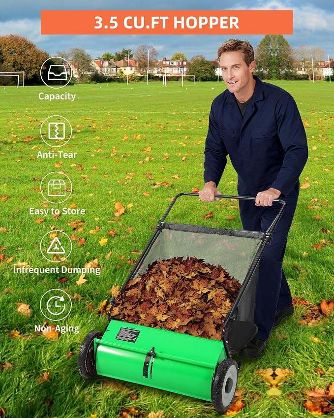 21-Inch Push Lawn Sweeper, 3.5 Cu. Ft. Hopper Capacity Leaf & Grass Collector with 4 Spinning Brushes, Adjustable Height, for Grass Clippings, Leaves & Debris, Green