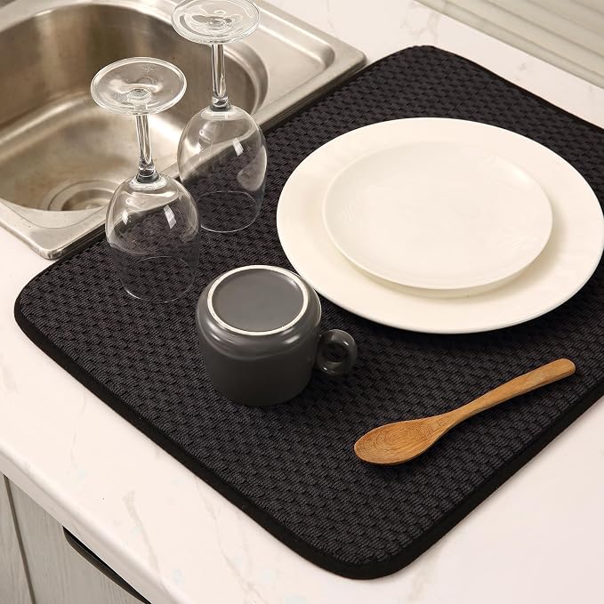 2 Pack Microfiber Dish Drying Mat for Kitchen Counter,Ultra Absorbent Dish Drainer Mat ,Dish Drying Pad , Dish Rack Mat 20×15 Inch (Charcoal Black)