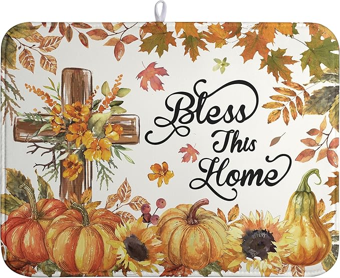 Fall Drying Mat for Kitchen Counter Autumn Thanksgiving Pumpkin Cross Dish Mat Sunflower Maple Leaf Absorbent Microfiber Dish Draining Mat Reusable Dishes Pad Extra Large 18"x24"