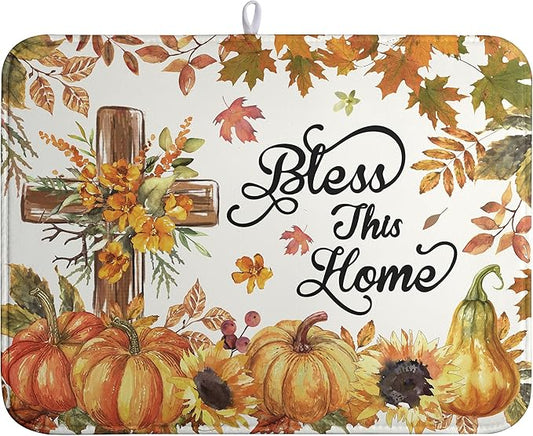 Fall Drying Mat for Kitchen Counter Autumn Thanksgiving Pumpkin Cross Dish Mat Sunflower Maple Leaf Absorbent Microfiber Dish Draining Mat Reusable Dishes Pad Extra Large 18"x24"