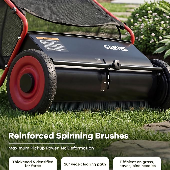26-Inch Push Lawn Sweeper, Heavy Duty Leaf Sweeper with 4 Brushes & 7Cu.ft Bag, Adjustable Height Steel Frame Leaf,Manual Yard Sweeper for Collector for Yard, Lawn, Garden, Patio
