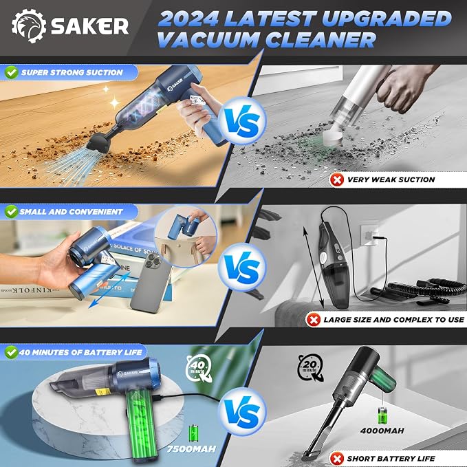 Saker Handheld Car Vacuum Portable Cordless17000Pa HL132 Blue | Small Car Vacuum with Brushless Motor,Air Duster Blower,Rechargeable Foldable Vacuum Cleaner,for Home, Office Pet