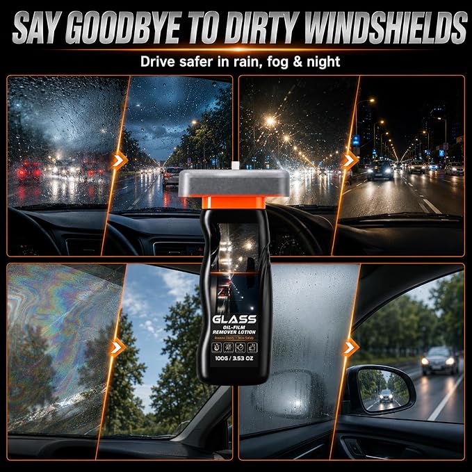 Oil Film Remover for Car Windshield, Automotive Glass Cleaner for Windows | Removes oil film, road grime and water spots to restore clear glass for safer driving on windshields, mirrors and windows
