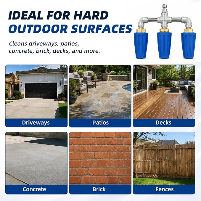 Triple Pressure Washer Turbo Nozzle, 3-Head, 1/4-Inch Quick Connect | 360° rotating power washer nozzle tips, 4000 PSI, 4-6 GPM, 2.0 orifice for driveways, concrete, patios and decks