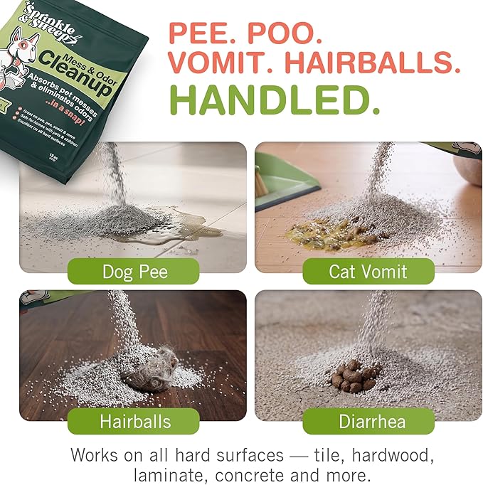 Sprinkle & Sweep: Pet Mess & Odor Cleanup Duo - 15oz Bag & Dustpan Broom - Dog Accident Clumping Powder, Remove Urine-Poop-Vomit from Hard Services