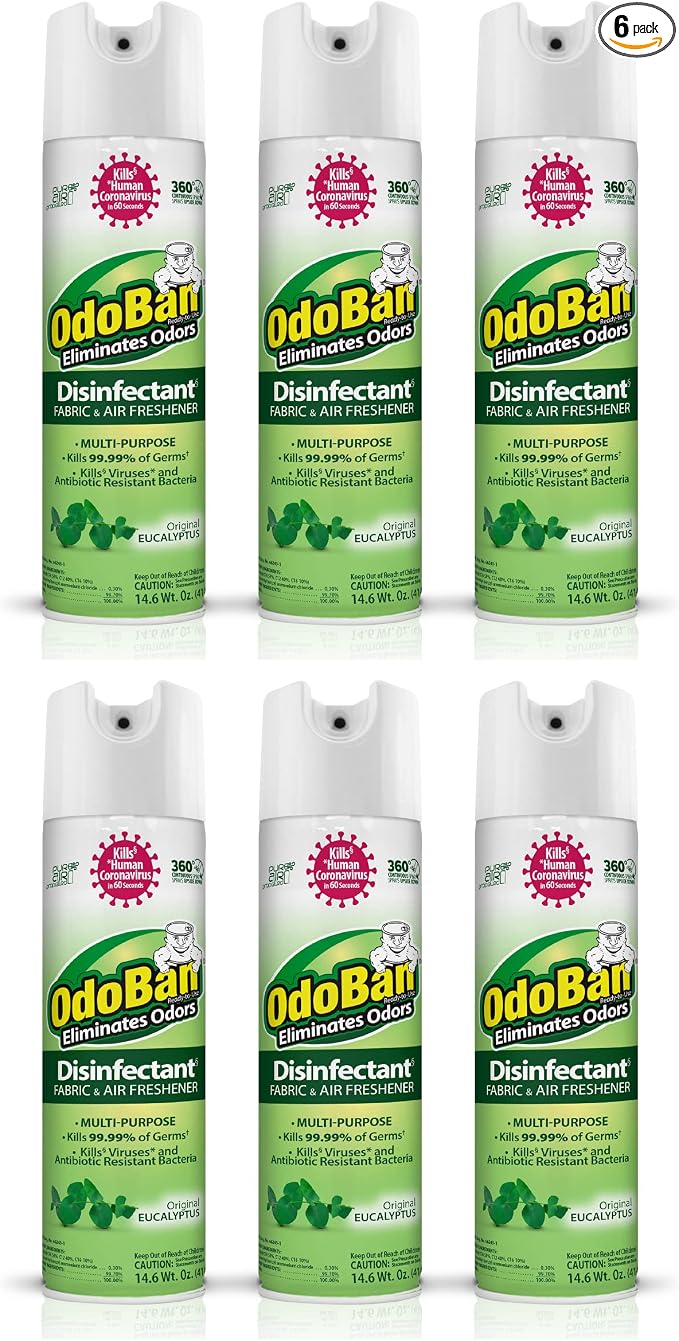 OdoBan Ready-to-Use 360-Degree Continuous Spray Disinfectant and Harsh Aroma Eliminator, Fabric and Air Freshener, 6 Pack, 14.6 Ounces Each, Original Eucalyptus Scent Clear