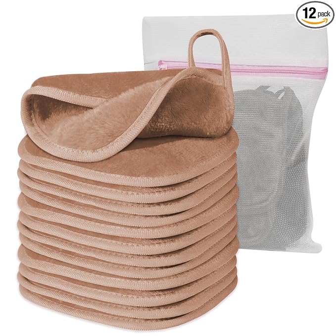 Natwag Makeup Remover Cloth, 6" x 6" Make Up Towels Reusable Face Cloth for Washing Face, Makeup Remover Pads Microfiber Face Washcloth with Mesh Bag, Just Water, 12 Pack, Light Brown