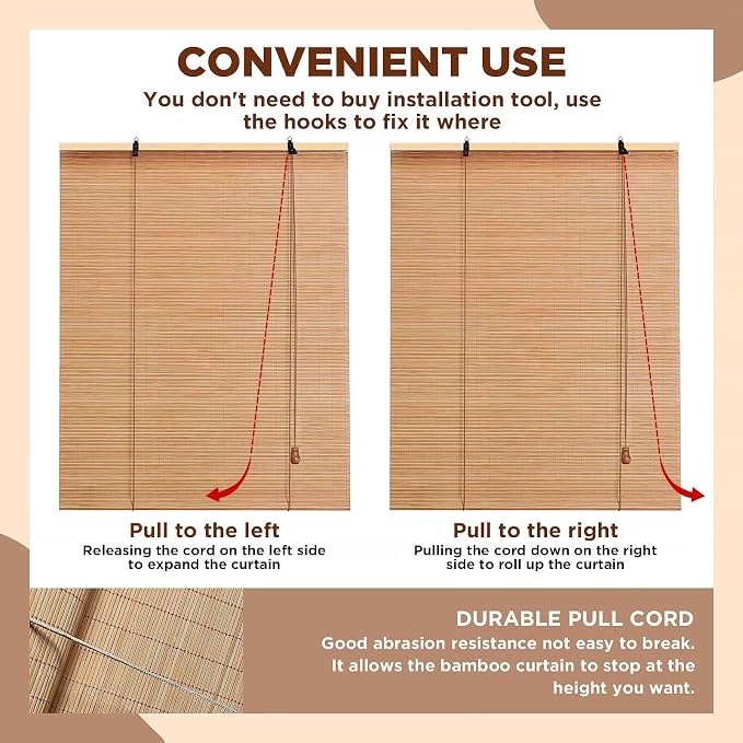 Bamboo Blinds for Interior Windows, 42"W X 63"H Bamboo Roller Shades Indoor | Roll Up Shades Light Filtering for Outdoor Patio, Decks, Porch, Backyards Natural Bamboo Material, Easy to install
