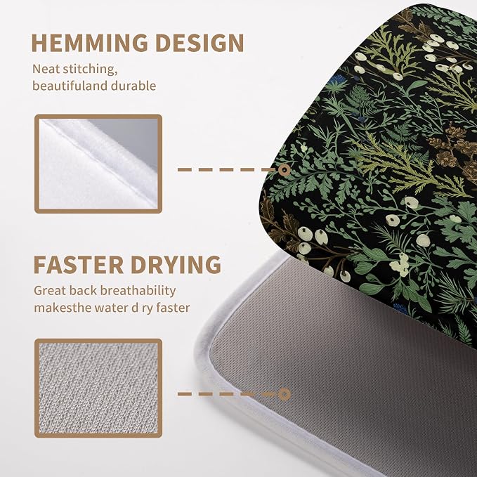 Black Sage Green Plant Dish Drying Mat for Kitchen Counter Vintage Botanic Fern Leaves Floral Dish Drainer Mats Absorbent Microfiber Dishes Pad Reusable Washable Large Dish Draining Mat 18x24 Inch