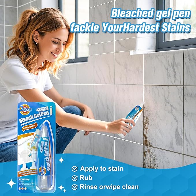 Bleach Pen for Clothes & Grout, 4 in 1 Dual-Tip Stain Remover Gel Pen with Precision Tip & Brush Head, Portable Travel-Size Cleaner for White Laundry, Bathroom Tile Lines, Mold & Mildew, Lemon Scent