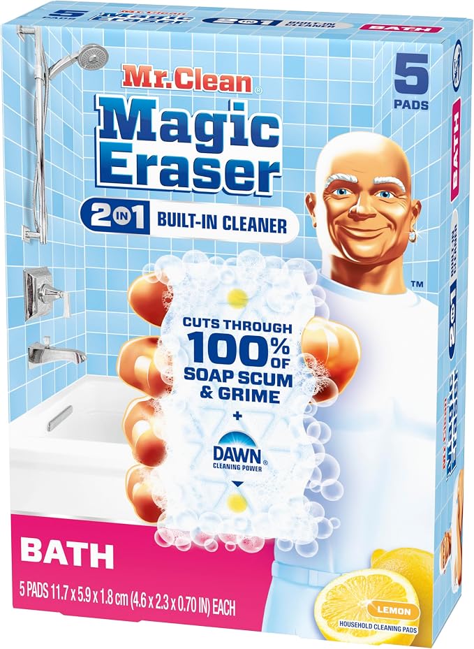 Mr. Clean Magic Eraser Sponge, Bathroom Cleaner, Shower Cleaner, Tub Cleaner, Soap Scum Remover, Bathroom Cleaning Supplies, Dawn Cleaning Power with Lemon Scent, 2 in 1 Bath, 5ct