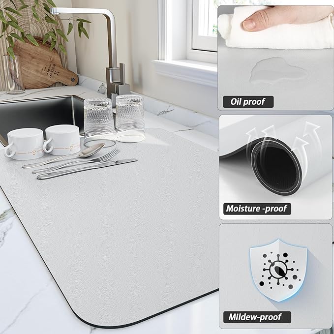 HotLive Dish Drying Mat for Kitchen Counter, Heat Resistant Drainer Mats with Non-slip Rubber Backed, Hide Stain Kitchen Super Absorbent Draining Mat, Easy to Clean Dish Rack Pad, Light Grey 18"x32"