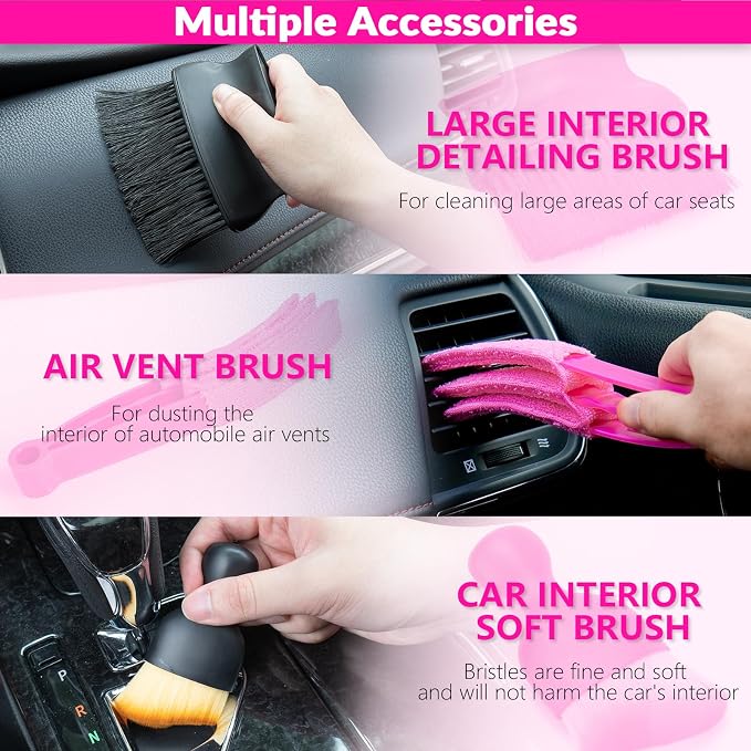 ThinkLearn Car Cleaning Kit with High Power Car Vacuum Detailing Kit | Cute Pink，Powerful 8000Pa Suction，15ft Long Cord，24piece Set，Interior Cleaning Deep Cleaning，Car Accessories Gift For Women