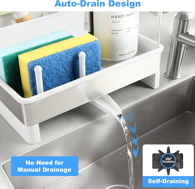 Sponge Holder for Kitchen Sink Caddy Organizer, Dish Brush Holder | Stainless Steel Sponge Caddy for Kitchen Countertop Organizer, Rustproof Dish Soap and Sponge Rack with Dishcloth Drying Rack