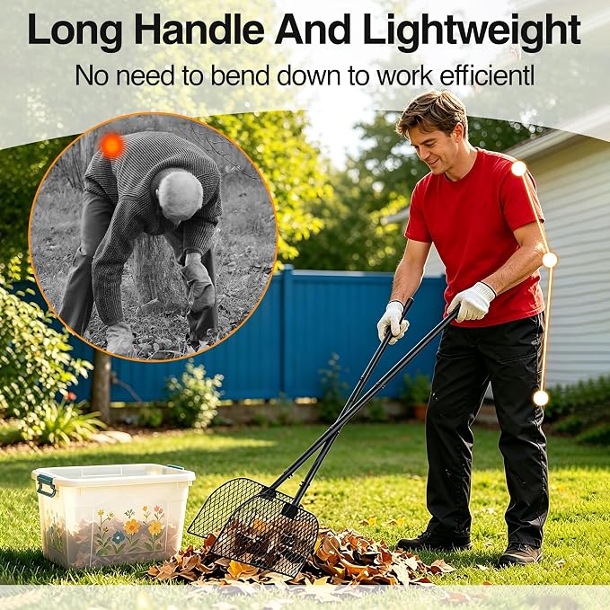 Leaf Grabber Rake with Long Handle，Leaf Picker Upper Grass Collector，Lightweight Metal Leaves Rakes， Efficient and Labor-Saving Yard Rake Leaf Grabber No Bending Over