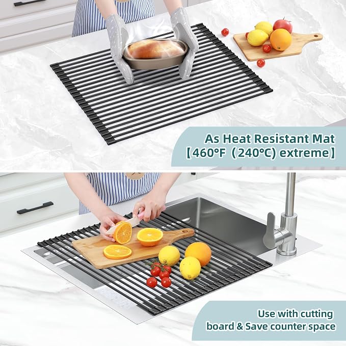 Ohuhu Sink Drying Rack, 20.5" W x 16.1" L Over Sink Roll-Up Dish Drainer - Rolling Foldable Accessories Heat-Resistant Mat Anti-Slip Silicone Coated Multipurpose for Kitchen Counter