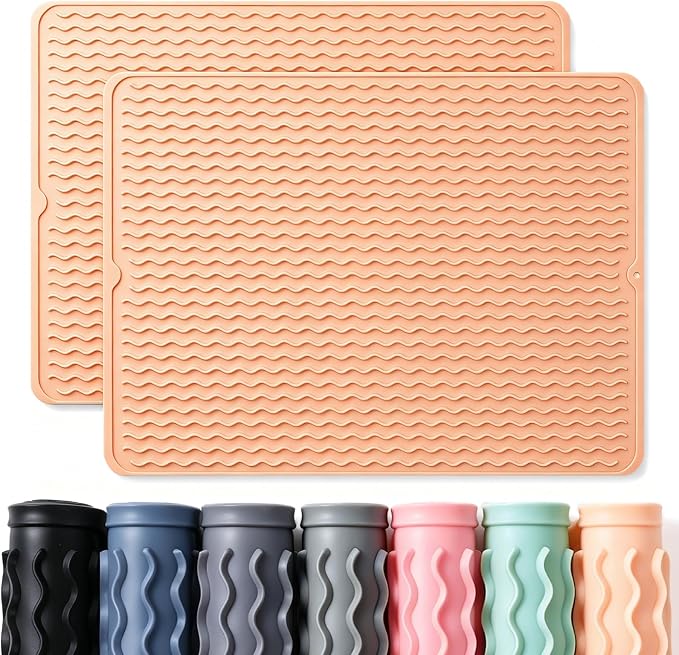 2 Pack Caketime Silicone Dish Drying Mat for Kitchen Counter Waterproof Place mats Sink Protector Stove Top Organizer Cooking Appliance Trays Dryer Rack Drainers Items Extra Large 24"x18" Beige