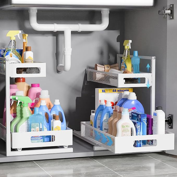TISTAYA Full Metal Under Sink Organizer, Pull Out Cabinet Organizers and Storage, Silk-Smooth Sliding Drawer for Kitchen, Bathroom, Pantry, Cabinet, Closet (White, 2 Pack)