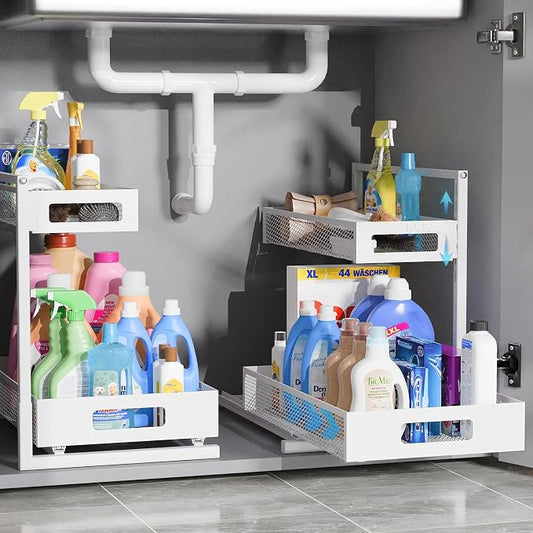TISTAYA Full Metal Under Sink Organizer, Pull Out Cabinet Organizers and Storage, Silk-Smooth Sliding Drawer for Kitchen, Bathroom, Pantry, Cabinet, Closet (White, 2 Pack)