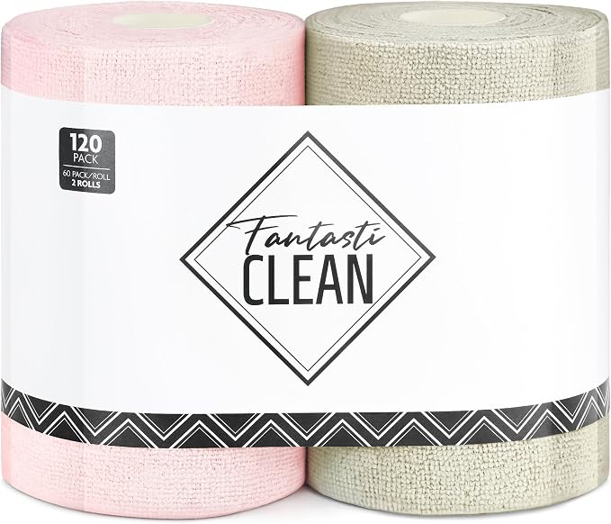 Fantasticlean Microfiber Cleaning Cloth Roll 2 Rolls 120 Pack, Tear Away Paperless Towels, 8" x 8", Reusable Washable Rags, House Kitchen, Pet, Office, Indoor Outdoor, Portable (Pink and Off-White)