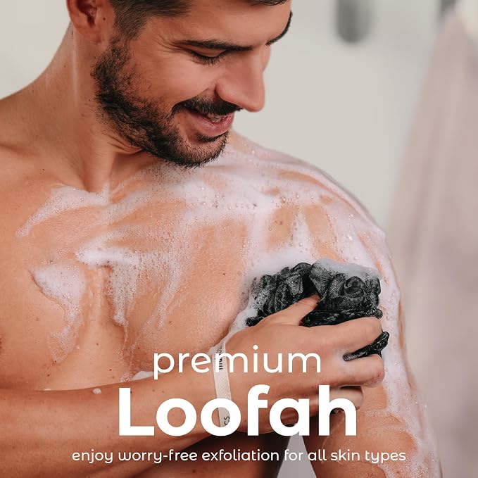 MainBasics Shower Loofah Sponge Pouf, Set of 3, Black Ice | Soft Mesh Body Scrubber and Bath Sponge for Gentle Exfoliation, Rich Lather, and Everyday Shower Use