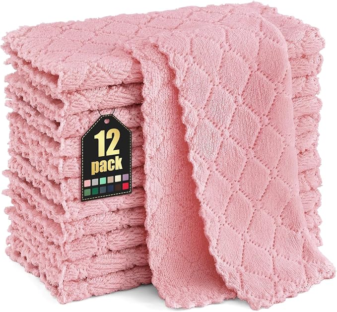Homaxy 12 Pack Kitchen Dish Cloths (10 x 10 Inches, Pink), Super Soft and Absorbent Coral Velvet Dish Towels, Nonstick Oil Fast Drying Microfiber Cleaning Cloth, No Lint Household Dishcloths