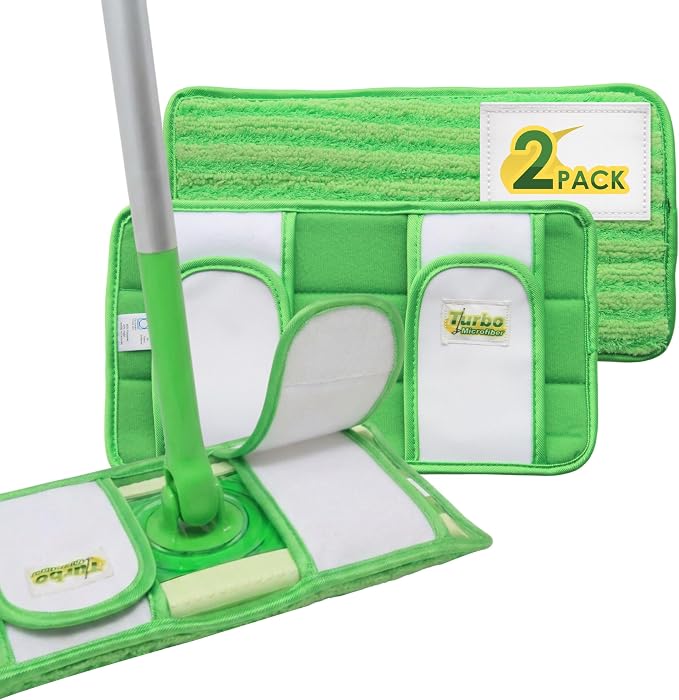Reusable Pads Compatible with Swiffer Sweeper Mops - Washable Microfiber Mop Pad Refills by Turbo - 12 Inch Floor Cleaning Mop Head Pads Work Wet and Dry - 2 Pack