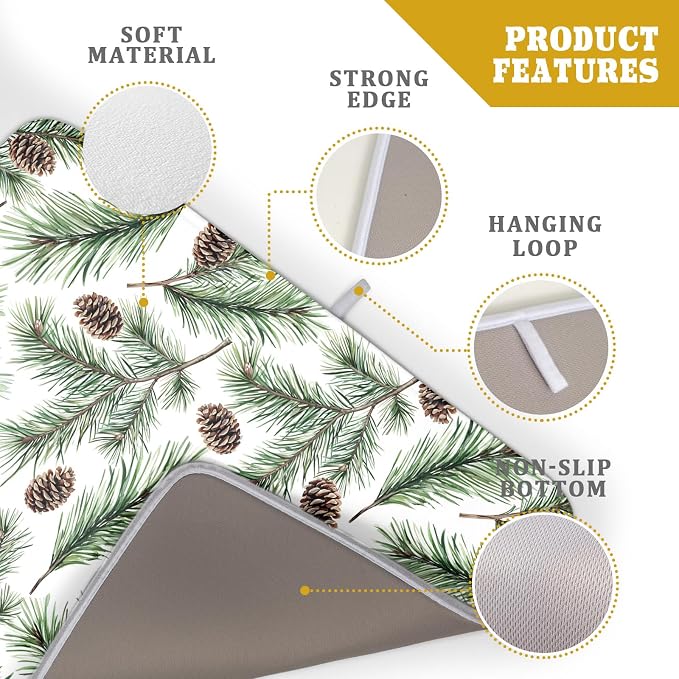 Winter Dish Drying Mat for Kitchen Counter Pine Needle Cone Festival Xmas Microfiber Absorbent Dish Draining Reusable Washable Foldable Extra Large 18"x24"