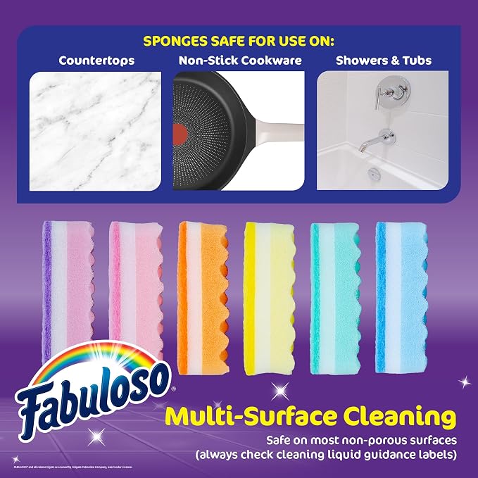 Fabuloso Scratch-Free Kitchen Dish Sponges, Rainbow Cellulose Scrubber Sponge with Scouring Pad for Dishes, Pots, Pans, Counters and Sinks, Tough on Messes, 4.25 x 2.75 x 1.25 in, 12 Count