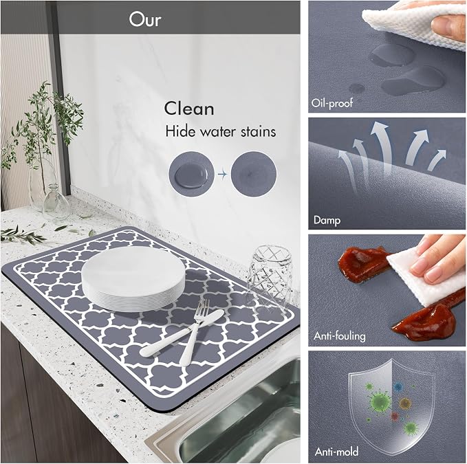Drying Mat for Kitchen Countertops, Coffee Mat Hide Stain Rubber Backed Absorbent Dish Drying Mat