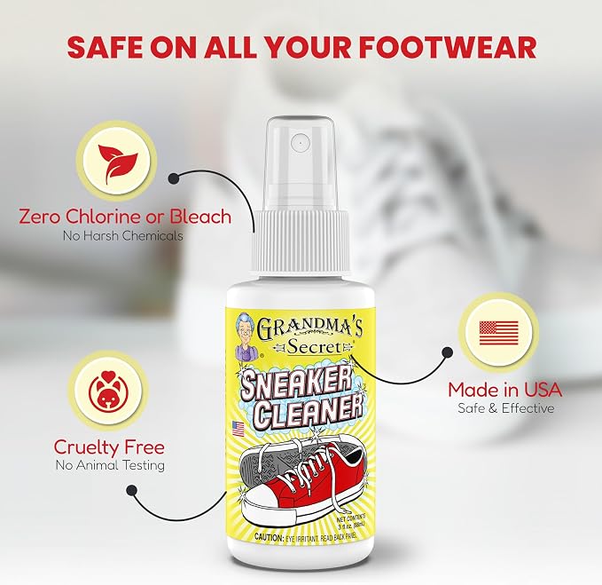 Grandma's Secret Shoe Cleaner - Stain Remover Spray for Rubber, Canvas and Leather - Removes Dirt, Grime and Grass - Sneakers Cleaner for Outdoor Shoes, Slippers and Moccasins - 3 Ounce