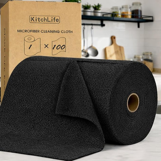 KitchLife Microfiber Cleaning Cloth Roll, 100 Pack - Tear-Away Microfiber Paper Towels, Lint-Free, Reusable, Washable for Kitchen, Car, Dishes, and Sensitive Surfaces (Black)